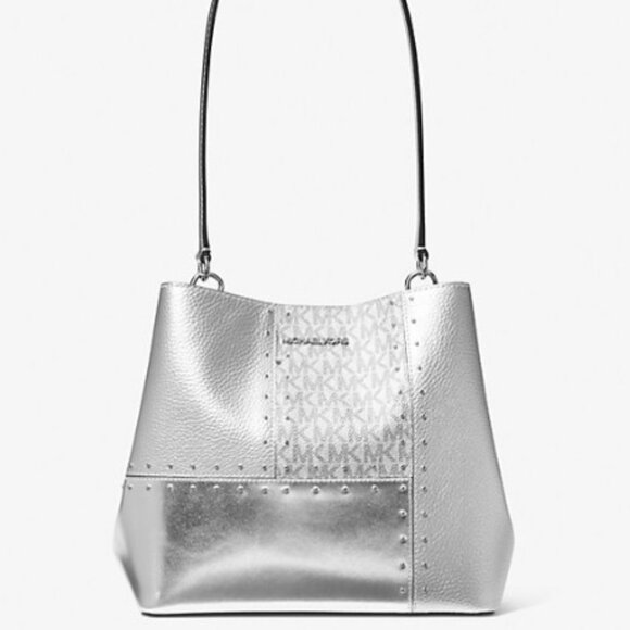 NEW Michael Kors Pratt Medium Studded Metallic Patchwork Shoulder Bag In Silver - Picture 1 of 3